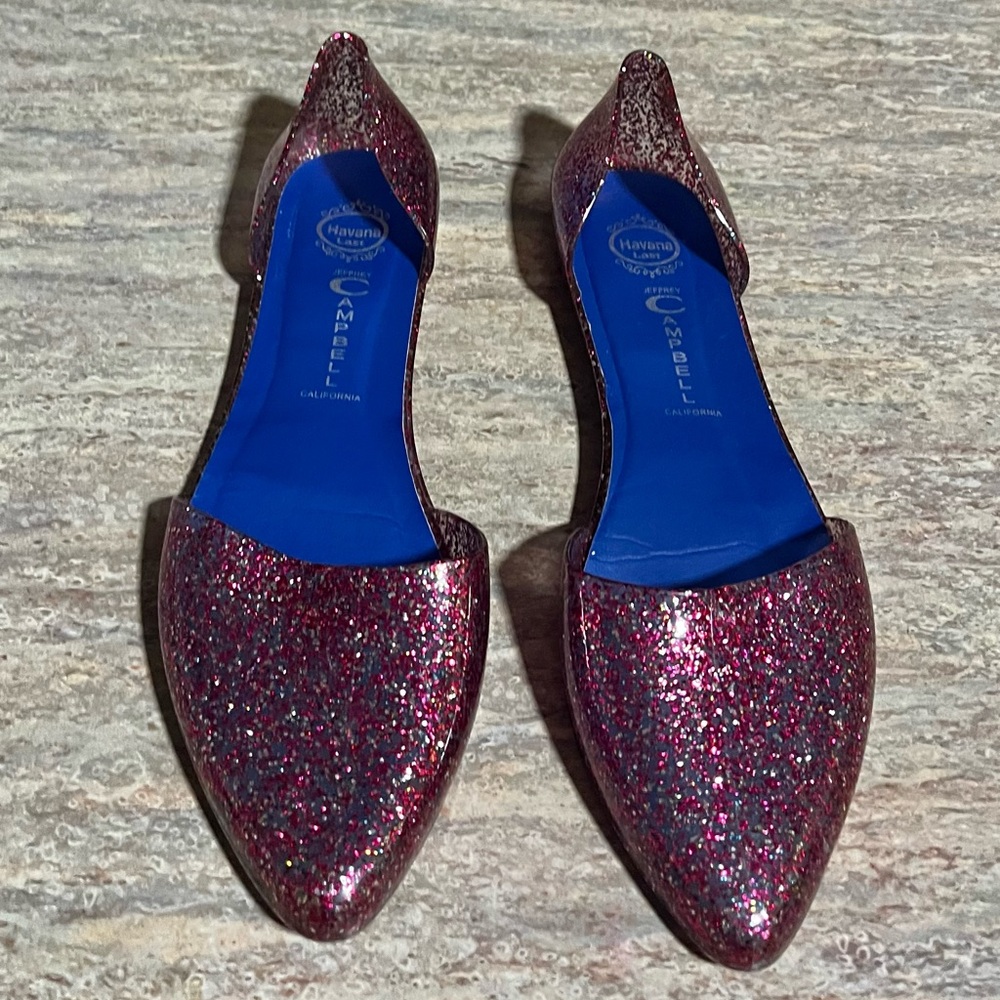 NWOB Jeffrey Campbell Rubber Havana Pink Jelly Glitter D’Orsay Flat Sandals